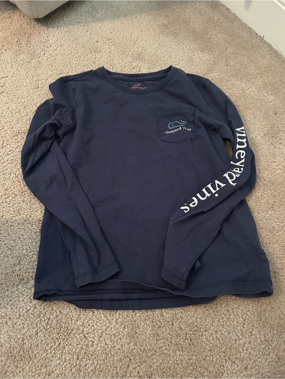 Vineyard Vines Navy Long-Sleeve Pocket Tee with White Sleeve Logo